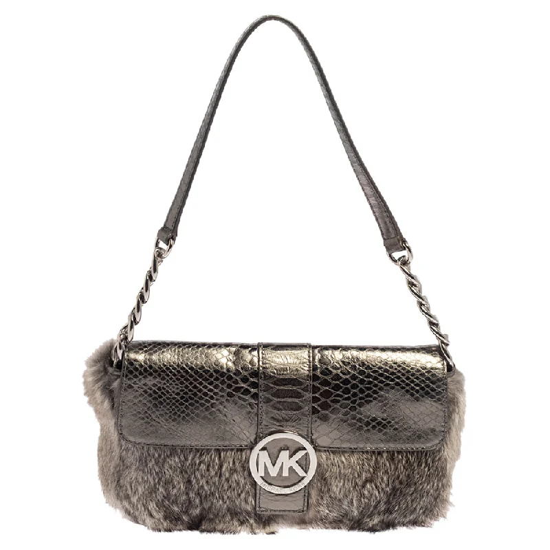 Vegan leather handbags  Metallic Grey Python Embossed Leather and Rabbit Fur Fulton Baguette
