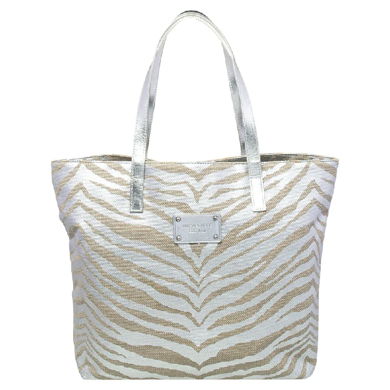 Designer bags with gold hardware  Silver/Beige Canvas And Patent Leather Tote