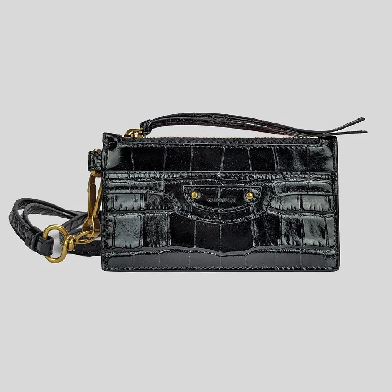 Crossbody bags for everyday use  BALENCIAGA Crocodile Embossed Leather Lanyard Card Holder Black 655246