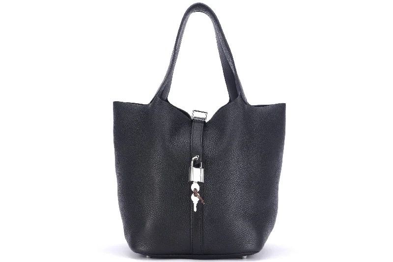 Sustainable fashion bags  HERMES PICOTIN 26 (STAMP D) BLACK CLEMENCE LEATHER, SILVER HARDWARE, WITH KEYS, LOCK, DUST COVER & BOX